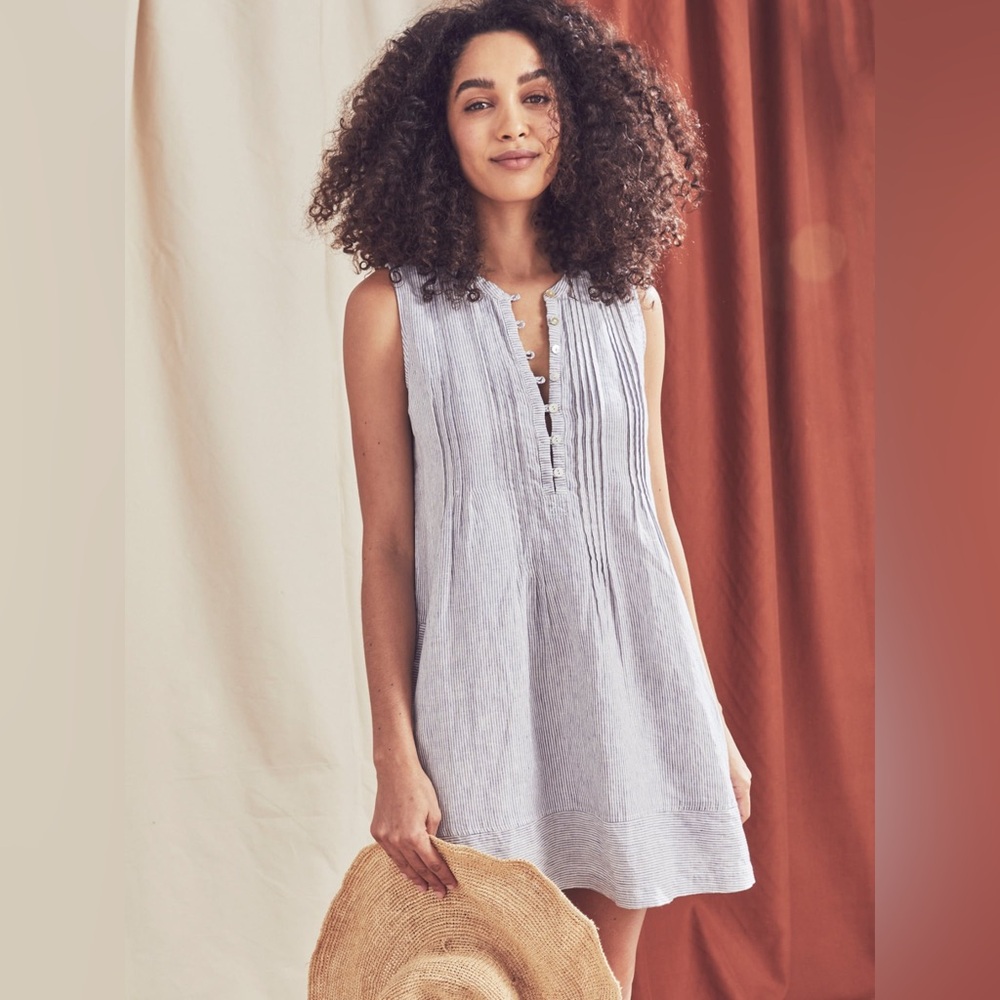 Faherty Isha Linen Dress Mini Blue White Striped Button Front Pleated Medium